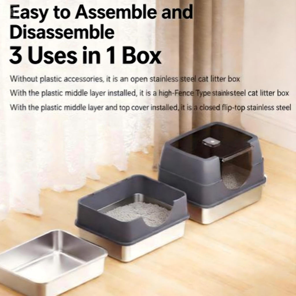Extra Large Stainless Steel Cat Litter Box with Lid | Enclosed Anti-Splash Cat Toilet