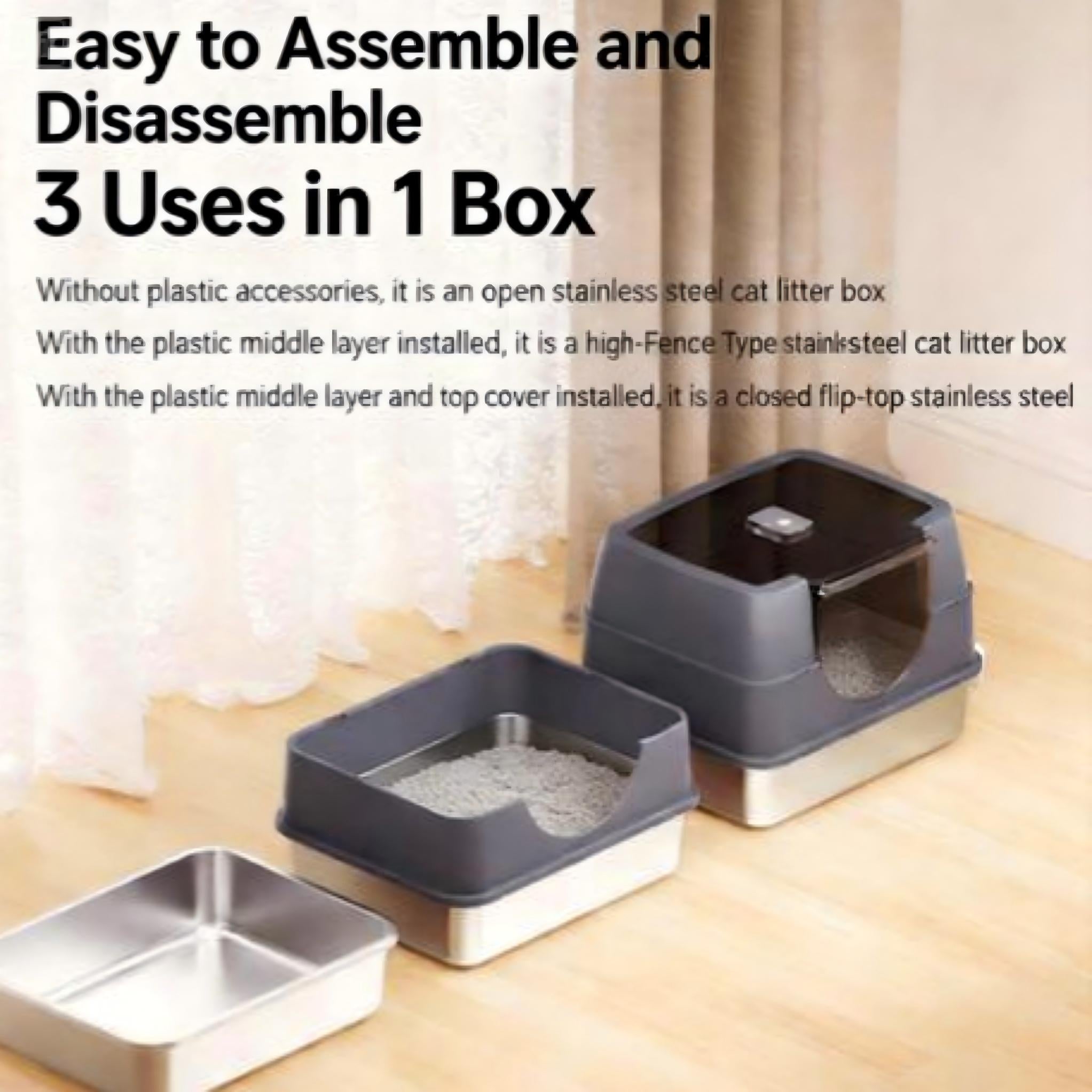 Extra Large Stainless Steel Cat Litter Box with Lid | Enclosed Anti-Splash Cat Toilet