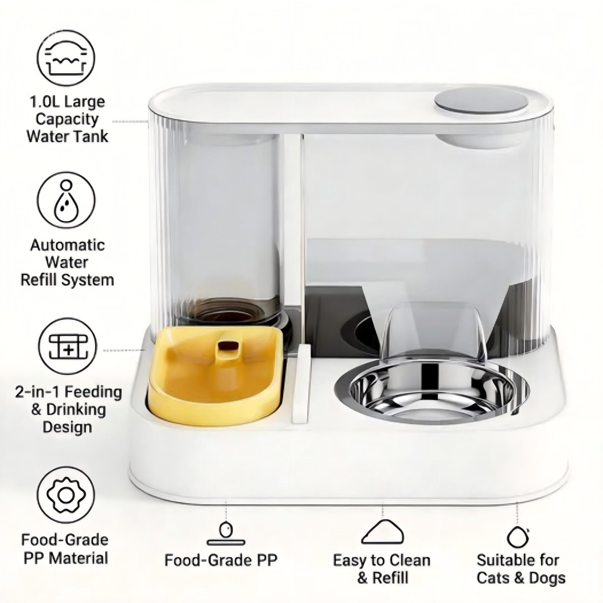 2-in-1 Pet Bowl & Water Dispenser | Automatic Circulating Water & Food Station with Wide Food Slot, 1L Reservoir, Stainless Steel Bowl