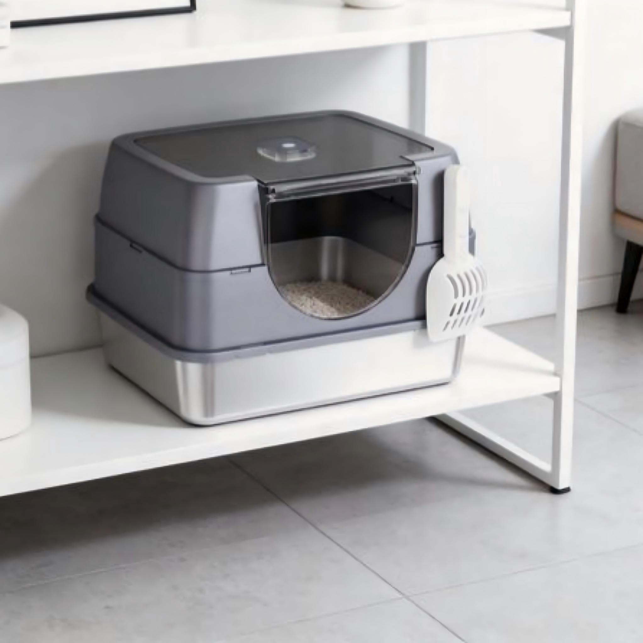 Extra Large Stainless Steel Cat Litter Box with Lid | Enclosed Anti-Splash Cat Toilet