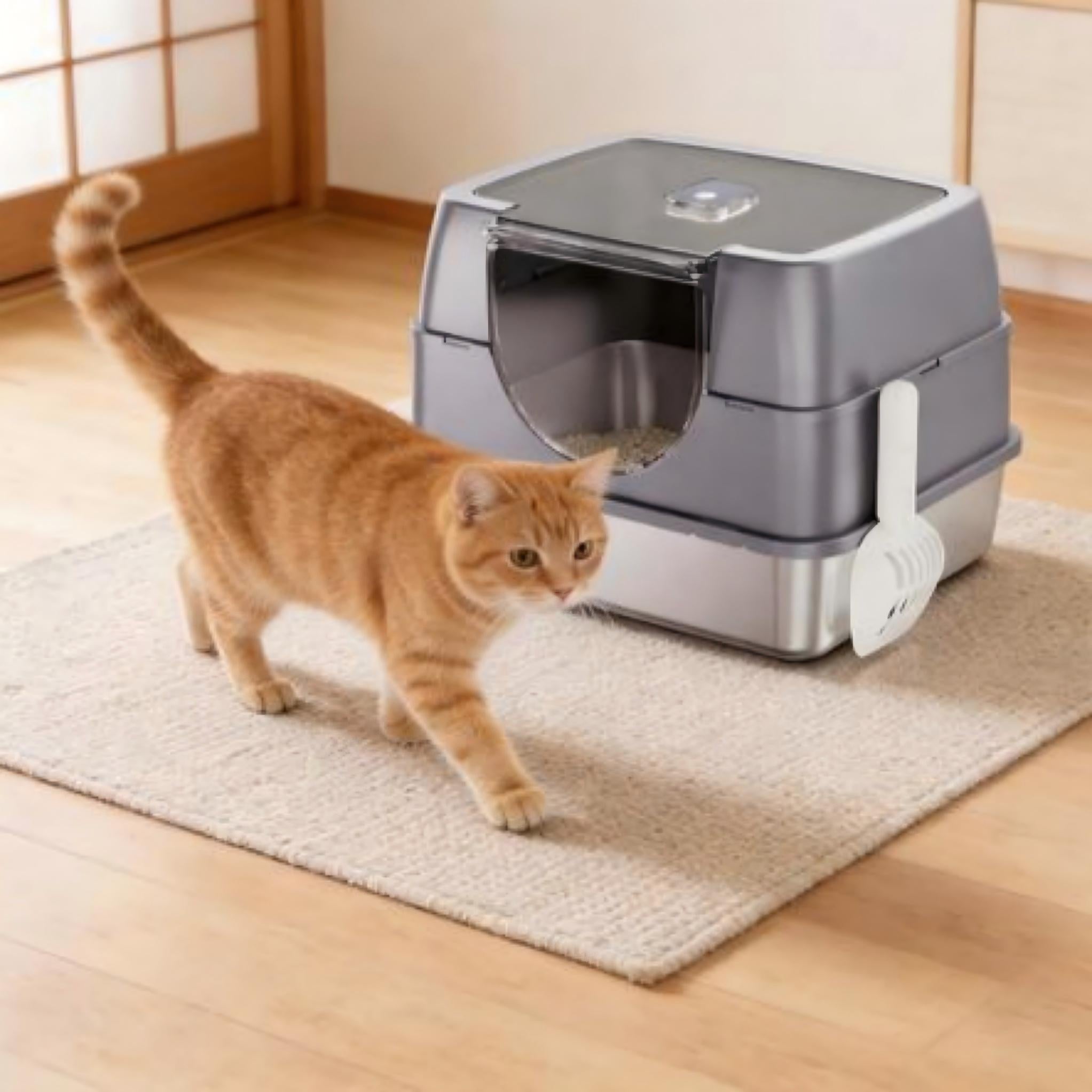 Extra Large Stainless Steel Cat Litter Box with Lid | Enclosed Anti-Splash Cat Toilet